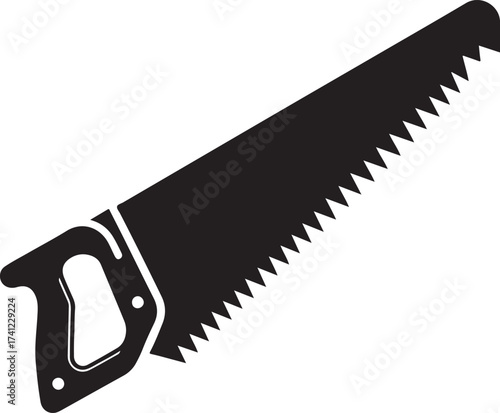 Black silhouette of a hand saw with a wooden handle and serrated blade