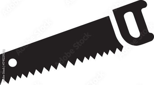 Black silhouette of a hand saw with a wooden handle and serrated blade