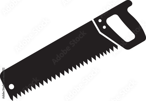 Black silhouette of a hand saw with a wooden handle and serrated blade