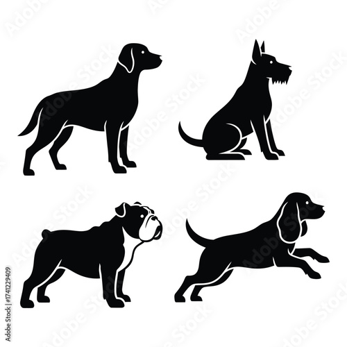 Four distinct dog silhouettes capturing various poses and breeds for your design needs silhouette