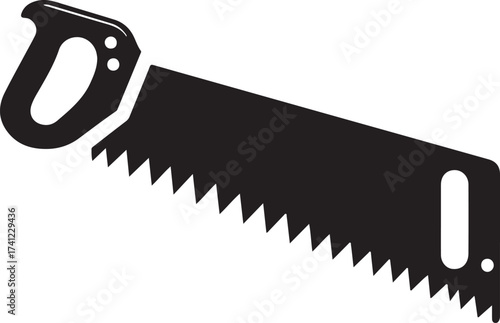 Black silhouette of a hand saw with a wooden handle and serrated blade