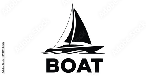  Sailboat icon with bold “BOAT” text – minimalist black and white nautical graphic with waves for travel, marine, signage, and branding use