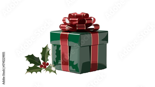 A festively decorated gift box with holly sprig.