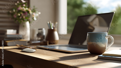 Modern Wood Desk Setup with Laptop Blue Mug and Floral Arrangement Near Window