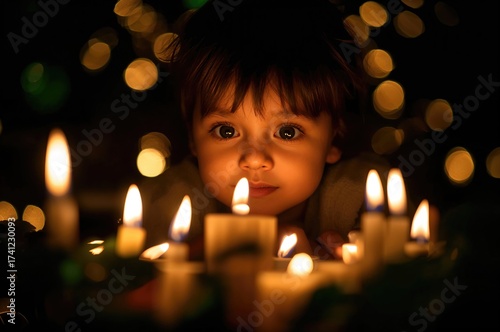 Wallpaper Mural Child gazing at flickering candles with warm light illuminating the face against a dark background featuring soft bokeh circles from ambient lighting. Torontodigital.ca