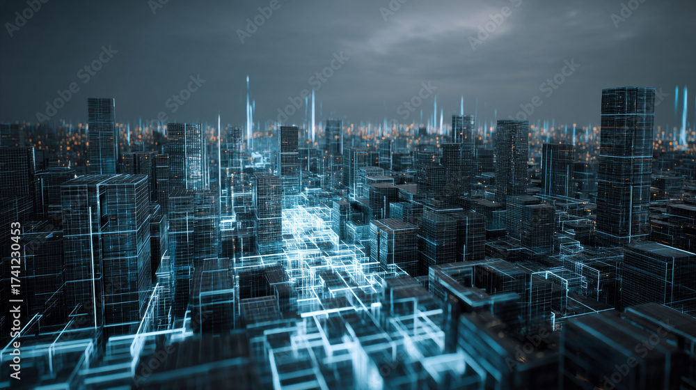 Naklejka premium Aerial view of a futuristic cityscape with glowing lines and dark buildings under a cloudy sky