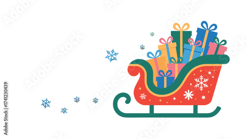 A sleigh filled with colorful gift boxes and snowflakes during the winter season.