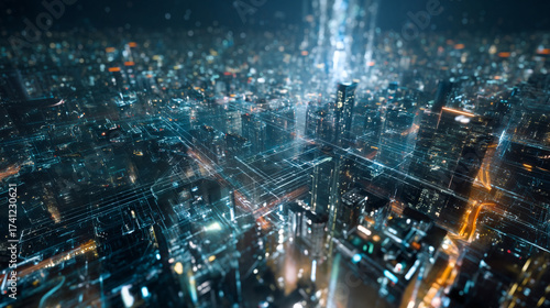 Wallpaper Mural Aerial view of a futuristic city with glowing lines and buildings in a science fiction setting at night Torontodigital.ca