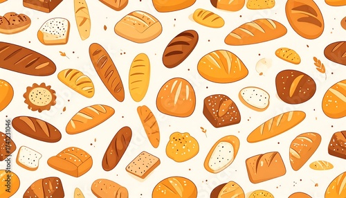 Delicious Bread and Bakery Products Seamless Pattern on White Background