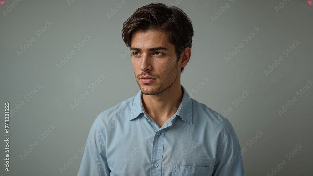 Fototapeta premium Pensive young man wearing a light blue shirt looking away against a grey background with soft lighting and minimal distractions in the composition.