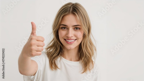 Wallpaper Mural Smiling young woman with long blonde hair giving a thumbs up gesture on a plain white background expressing approval and positivity Torontodigital.ca