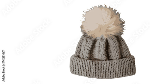 A cozy grey winter hat with a soft fluffy pom-pom.
