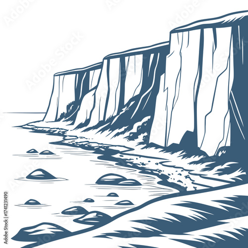 Vector art of a captivating vector illustration showcases a picturesque coastline with towering cliffs meeting the sea, creating a dramatic and scenic landscape
