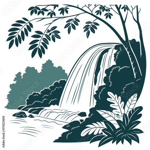 Vector art of serene waterfall cascading into a tranquil pool, surrounded by lush foliage and trees, creating a peaceful and natural scene in a stylized vector illustration