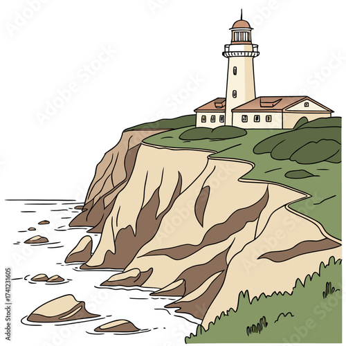 Vector art of a picturesque lighthouse stands atop a rugged cliff, overlooking the vast ocean, with waves crashing against the rocky shore