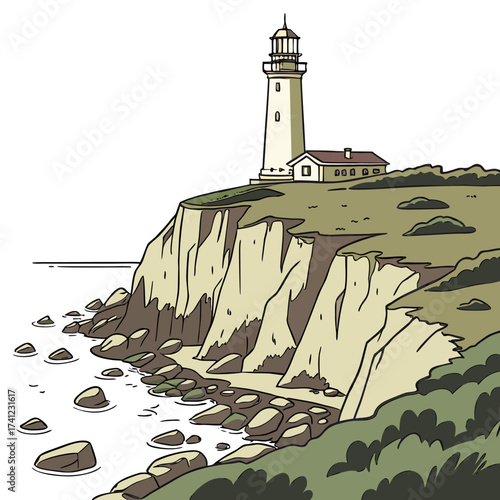 Vector art of a picturesque lighthouse stands tall on a rugged cliff, overlooking the vast ocean, with waves gently lapping against the rocky shore, creating a serene and captivating coastal scene