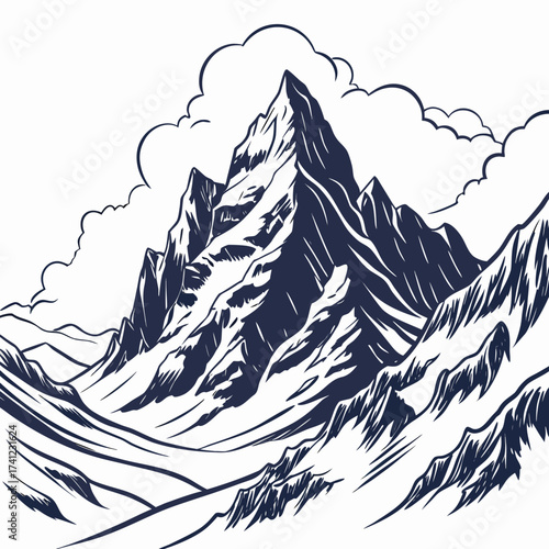 Vector art of a dramatic mountain range with jagged peaks and snowcovered slopes, set against a backdrop of swirling clouds, evokes a sense of adventure and untamed wilderness