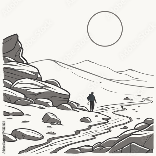 Vector art of a lone hiker treks through a rocky desert landscape under a bright sun, with mountains in the distance, creating a sense of adventure and solitude