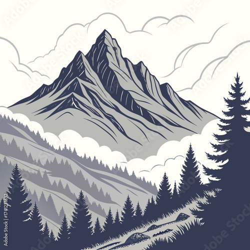 Vector art of a majestic mountain peak pierces through the clouds, surrounded by a lush forest of evergreen trees, creating a breathtaking and aweinspiring alpine landscape