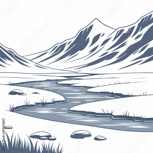 Vector art of a majestic mountain range with a winding river in a snowy landscape, creating a sense of awe and pristine beauty