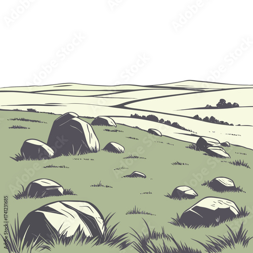 Vector art of a picturesque vector landscape illustration depicts a rolling green hill adorned with scattered rocks and lush grass, creating a sense of idyllic charm and natural harmony
