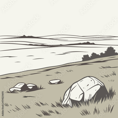Vector art of a serene vector landscape illustration showcases a tranquil lake with gentle waves, bordered by a grassy shoreline dotted with rocks, evoking a sense of peacefulness and natural beauty