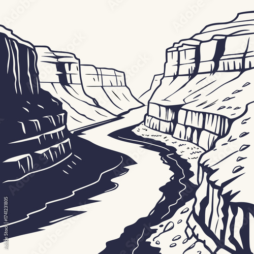 Vector art of grand canyon landscape illustration featuring towering rock formations, a winding river, and dramatic shadows creating a majestic and aweinspiring scene
