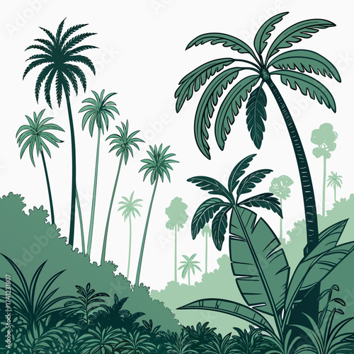 Vector art of lush green jungle landscape illustration featuring various palm trees, tropical plants, and dense foliage creating a vibrant and exotic scene