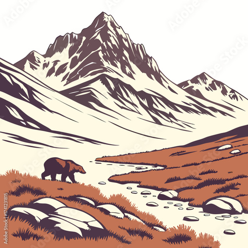 Vector art of a majestic mountain range with a bear in the foreground, creating a stunning wildlife scene perfect for nature and adventure enthusiasts