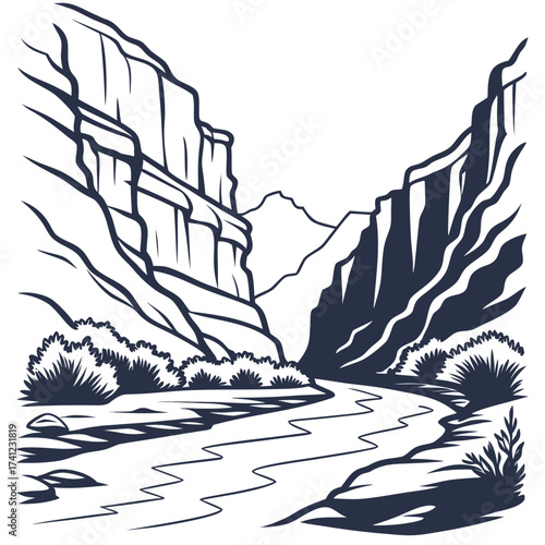 Vector art of majestic canyon landscape with a winding river, towering cliffs, and lush vegetation, creating a serene and picturesque scene perfect for nature lovers