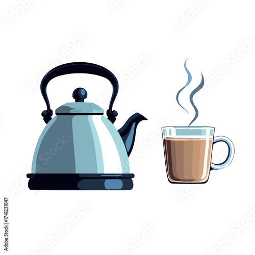 Steaming Hot Cup of Coffee or Tea Next to a Blue Stainless Steel Whistling Kettle Vector