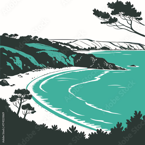 Vector art of a picturesque coastal landscape featuring a sandy beach, turquoise sea, and lush green hills, , creating a vibrant and inviting scene with natural beauty