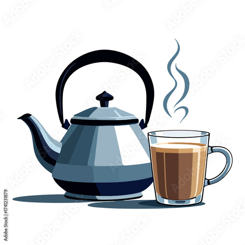 Hot Tea or Coffee in a Clear Glass Mug with Steam Next to a Traditional Metal Kettle Vector