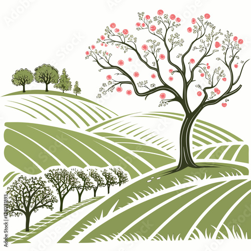 Vector art of a tranquil rural landscape with rolling green hills, blossoming trees, and rows of cultivated fields, evoking a sense of peace and natural beauty
