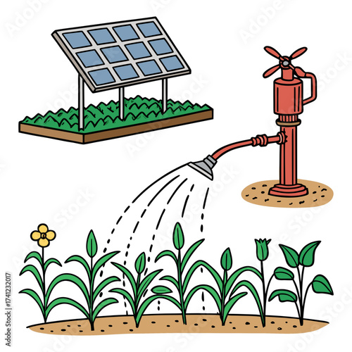 Vector art of illustration depicting a solarpowered irrigation system in agriculture, showcasing sustainable farming with solar panels and a water pump for efficient crop watering