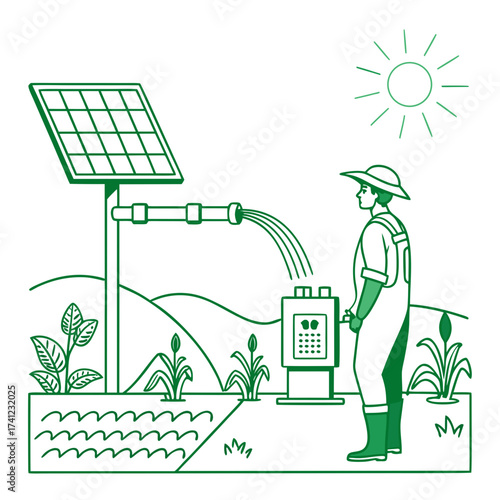 Vector art of illustration depicting a farmer using a solarpowered irrigation system for sustainable agriculture, showcasing ecofriendly farming practices with renewable energy