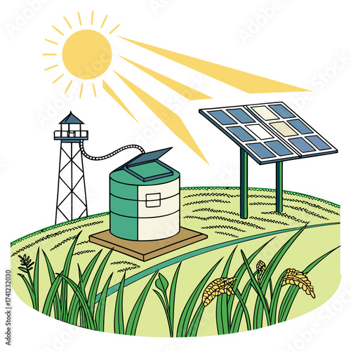 Illustration of a solar powered water tower in a field, showcasing sustainable agriculture and renewable energy