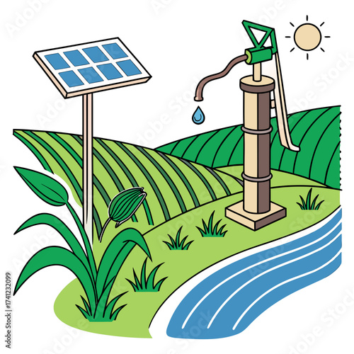 Illustration of a solar powered water pump irrigating a field, showcasing sustainable agriculture and renewable energy, depicts a modern and ecofriendly farming practice