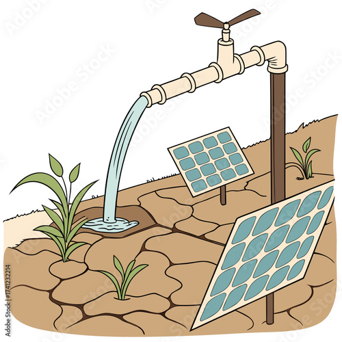 Illustration of solar panels powering a water pump in a dry landscape, showcasing sustainable irrigation and water management