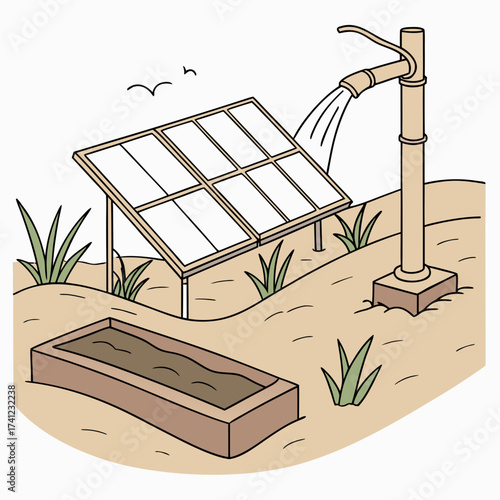 Illustration of a solarpowered water pump filling a trough in a rural setting, promoting sustainable agriculture and water conservation