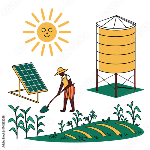 Illustration of a sustainable farm scene with a farmer tending crops near a solar panel, water tank, and a smiling sun, promoting renewable energy and agricultural practices