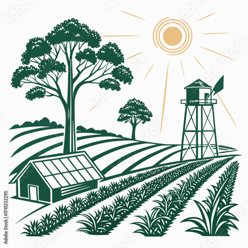Vector art of scenic farm landscape with rolling hills, lush crops, and a charming farmhouse, all bathed in the warm glow of the sun, creating a picturesque and idyllic countryside scene