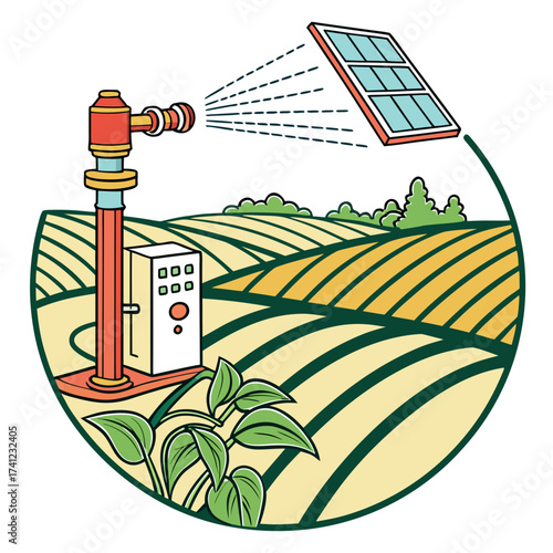 Illustration of a modern farm irrigation system powered by solar energy, showcasing sustainable agriculture and technology integration