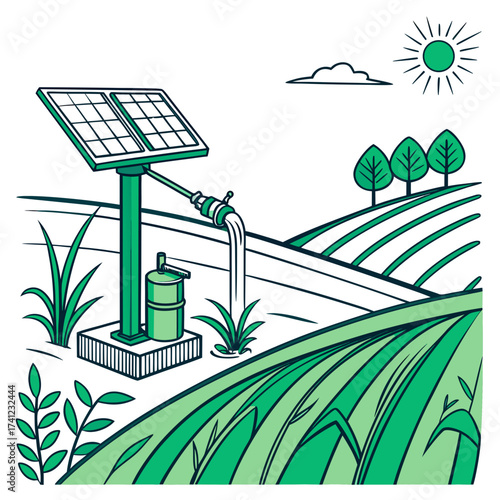 Vector art of solar powered water pump irrigating farm fields sustainable agriculture concept with renewable energy source for irrigation and crop cultivation