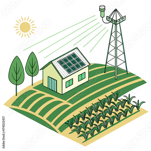 Vector art of smart agriculture with solar powered house and crop monitoring modern farming technology for sustainable and efficient food production in rural areas