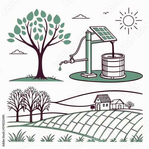 Illustration of a sustainable rural landscape with a solarpowered water pump, tree, and farm, showcasing ecofriendly solutions for water management and agriculture