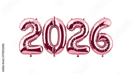 New year 2026 foil balloons isolated on white.