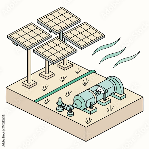 Illustration of a solarpowered water pump system with panels and a pump on a patch of land, showcasing sustainable energy and water management for agricultural or domestic use