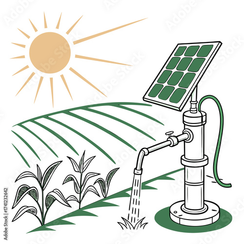 Illustration of a solar powered water pump in a field, showcasing sustainable agriculture and renewable energy, ideal for ecofriendly farming concepts