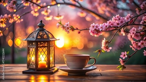 Tranquil Tea Time with Lantern and Cherry Blossoms at Sunset